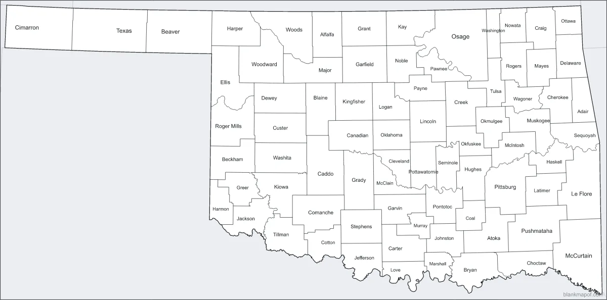 Blank map of Oklahoma, labeled