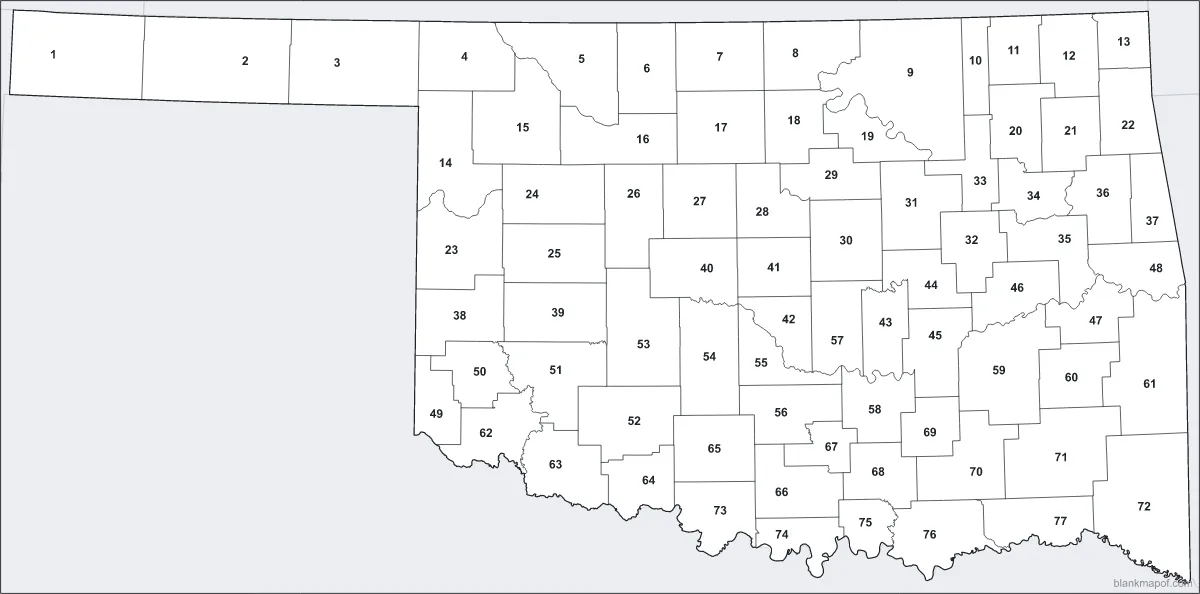 Blank map of Oklahoma, numbered
