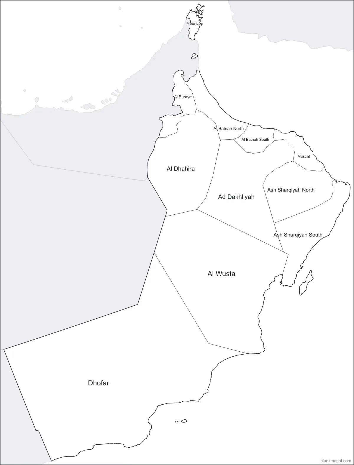 Blank map of Oman, labeled