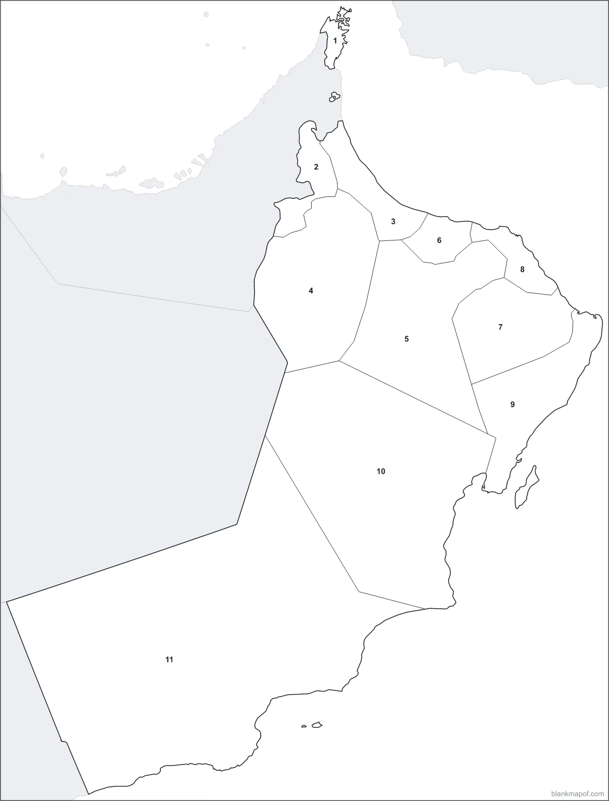 Blank map of Oman, numbered