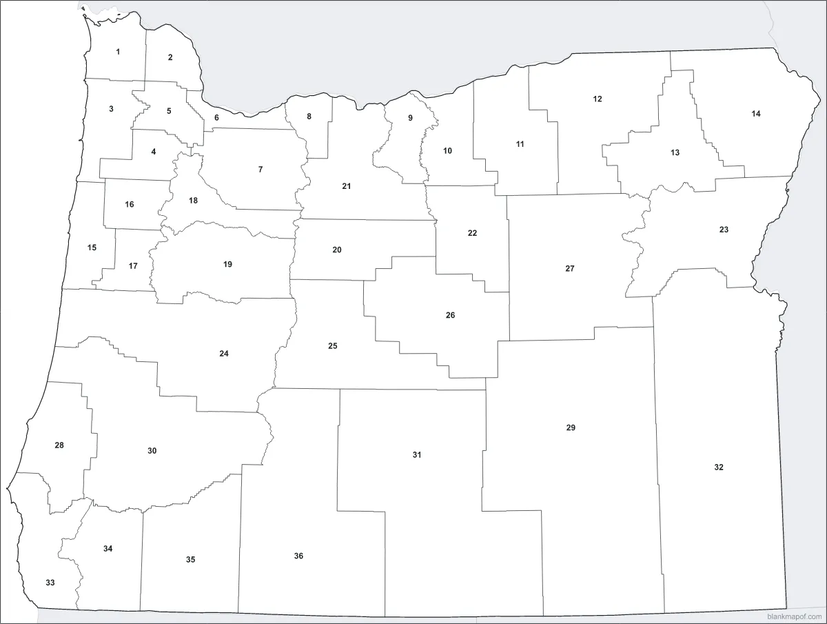 Blank map of Oregon, numbered