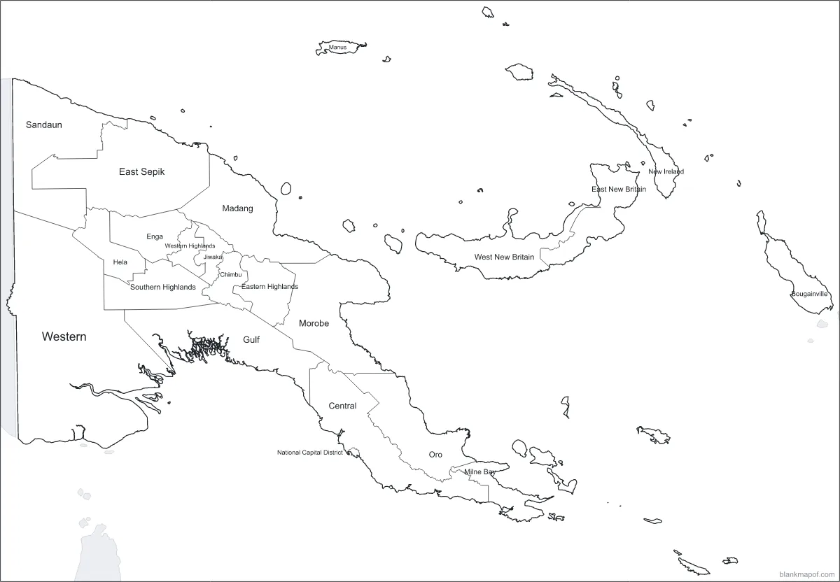 Blank map of Papua New Guinea, labeled