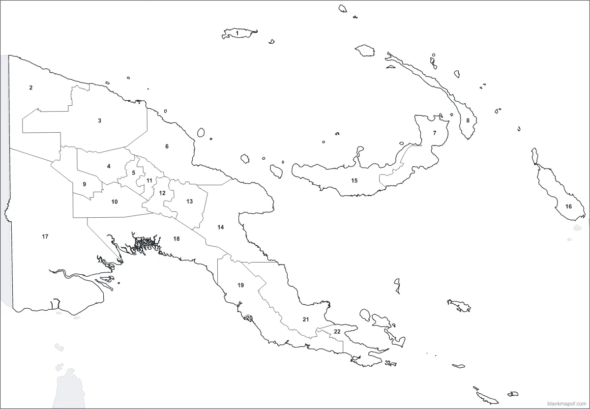 Blank map of Papua New Guinea, numbered