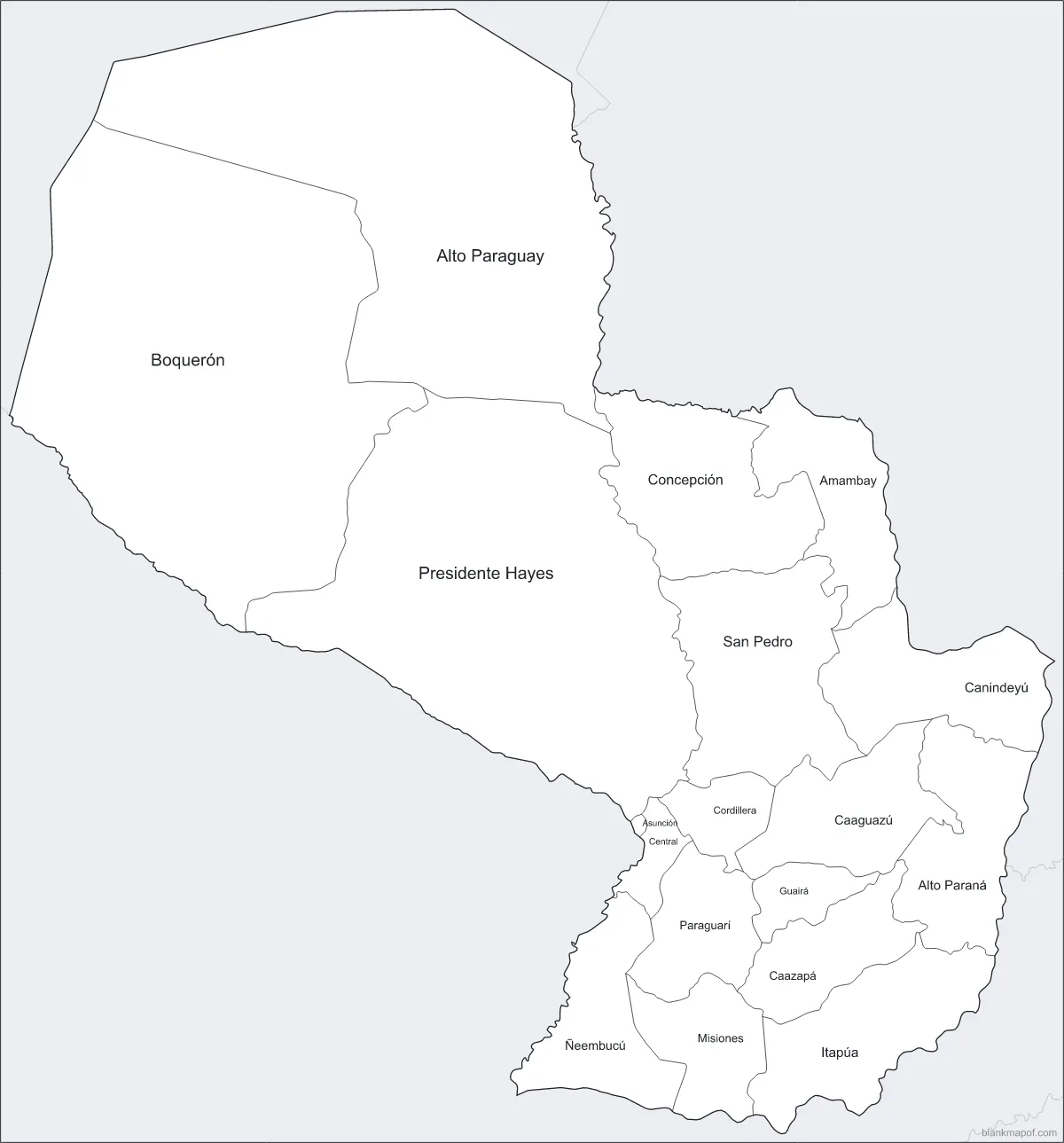 Blank map of Paraguay, labeled