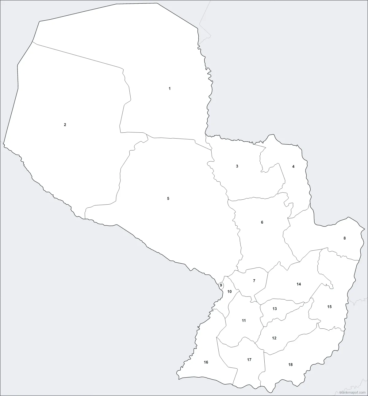 Blank map of Paraguay, numbered