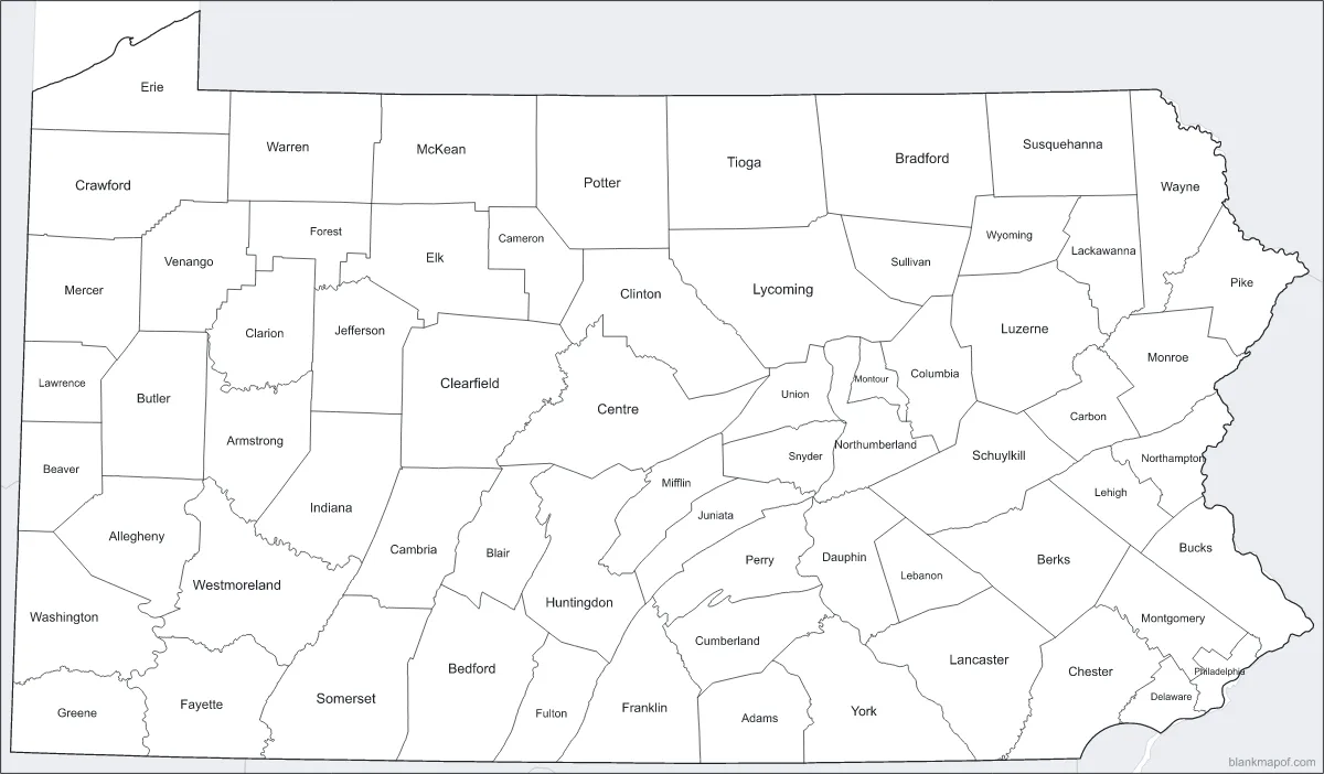 Blank map of Pennsylvania, labeled