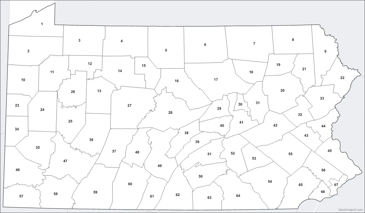 Blank map of Pennsylvania, numbered