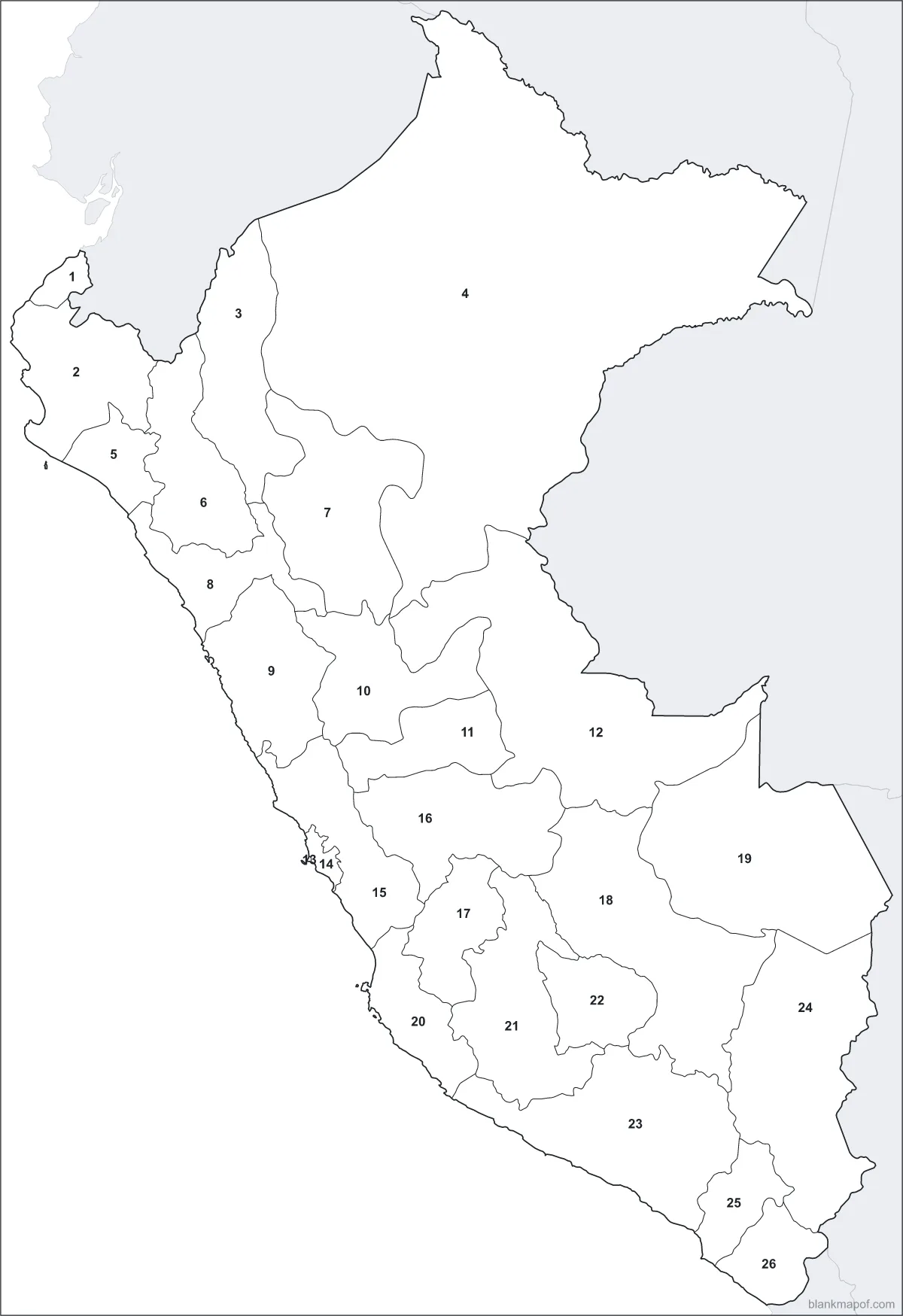 Blank map of Peru, numbered