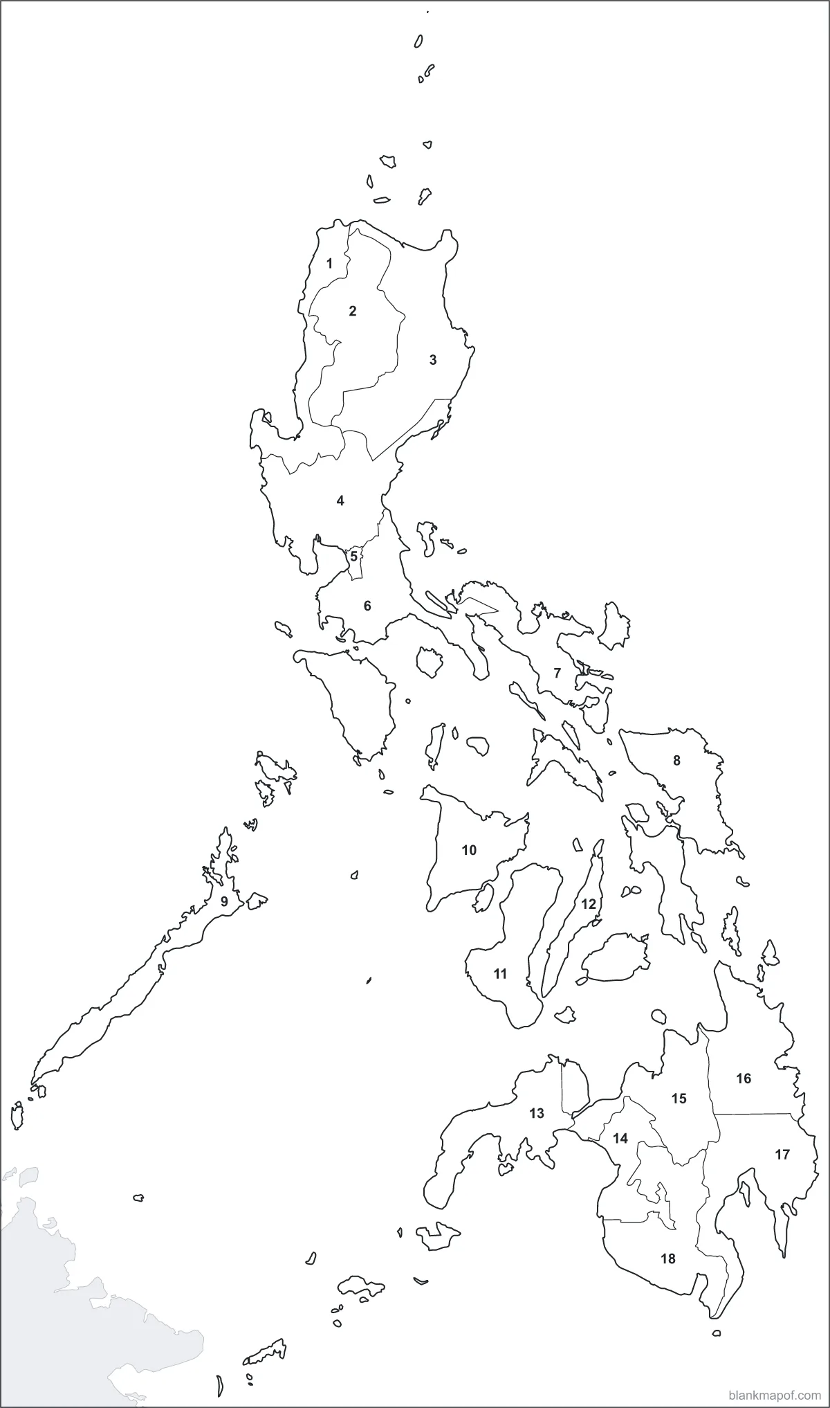 Blank map of the Philippines, numbered