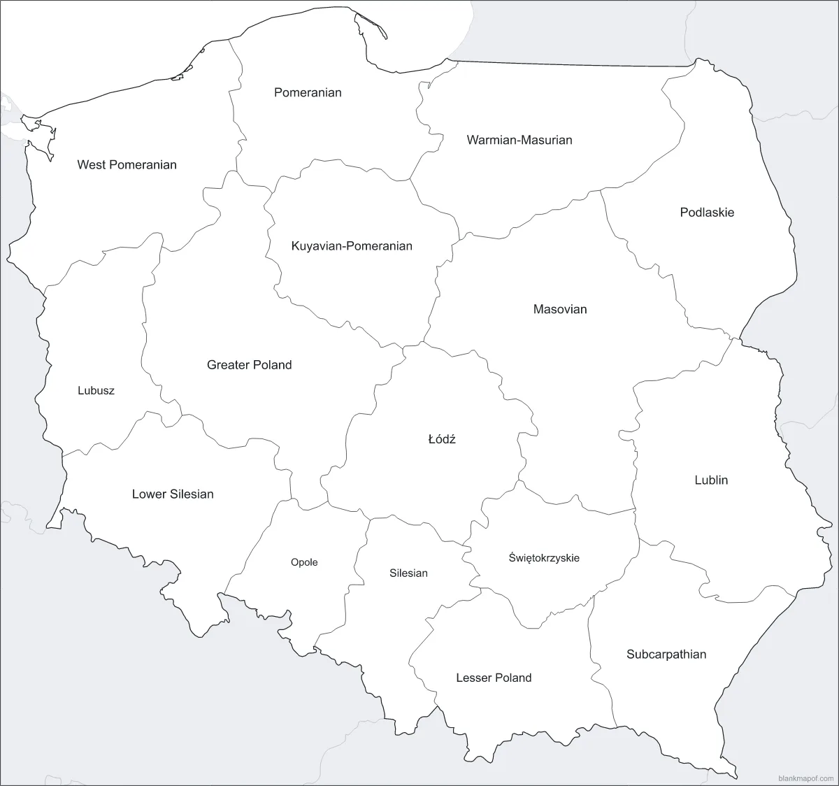 Blank map of Poland, labeled