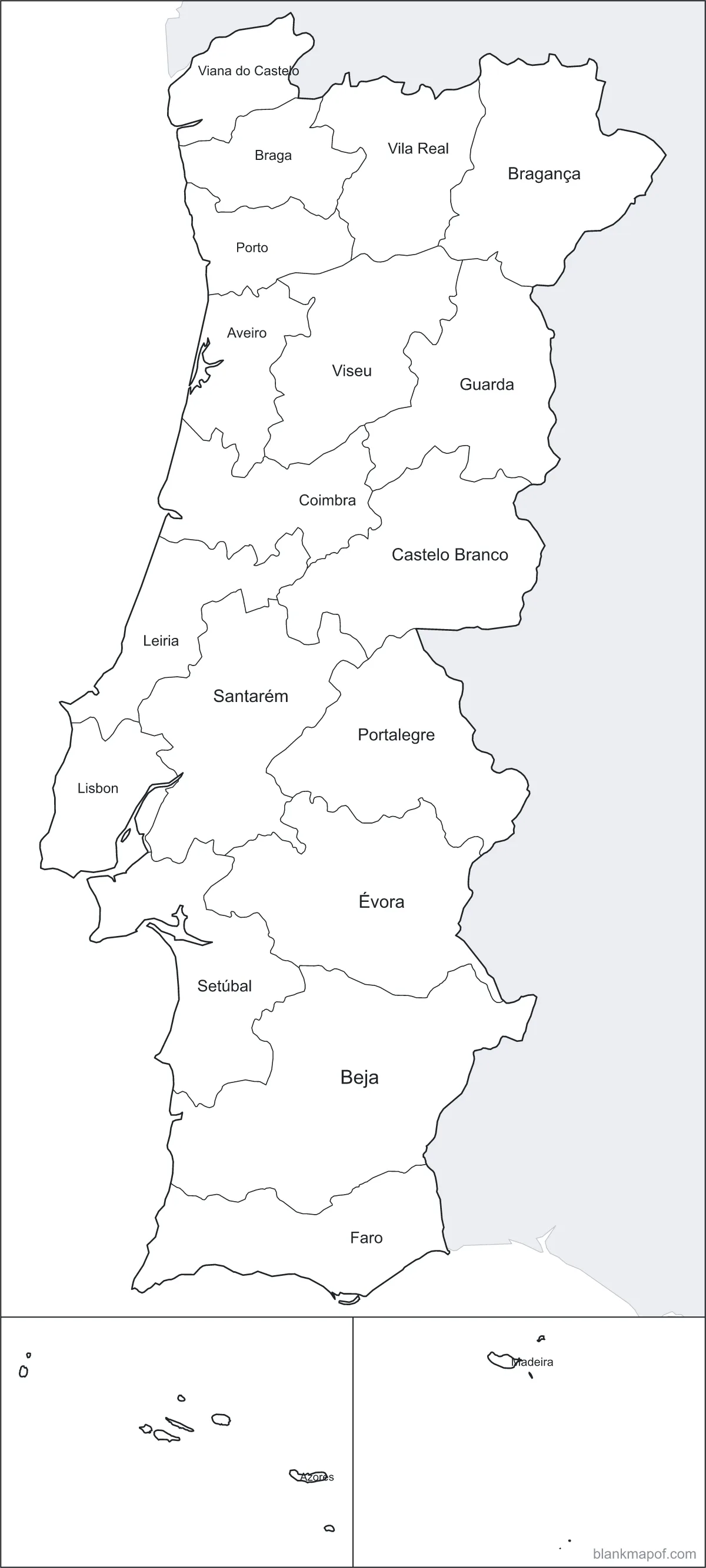 Blank map of Portugal, labeled