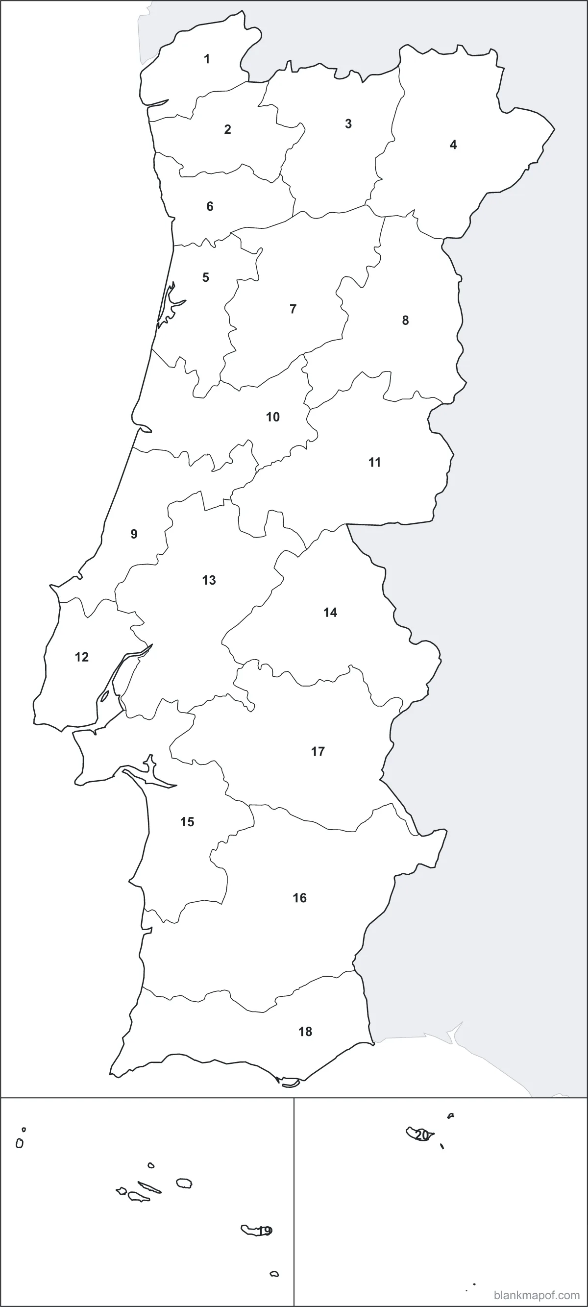 Blank map of Portugal, numbered