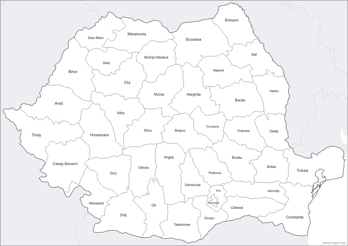 Blank map of Romania, labeled