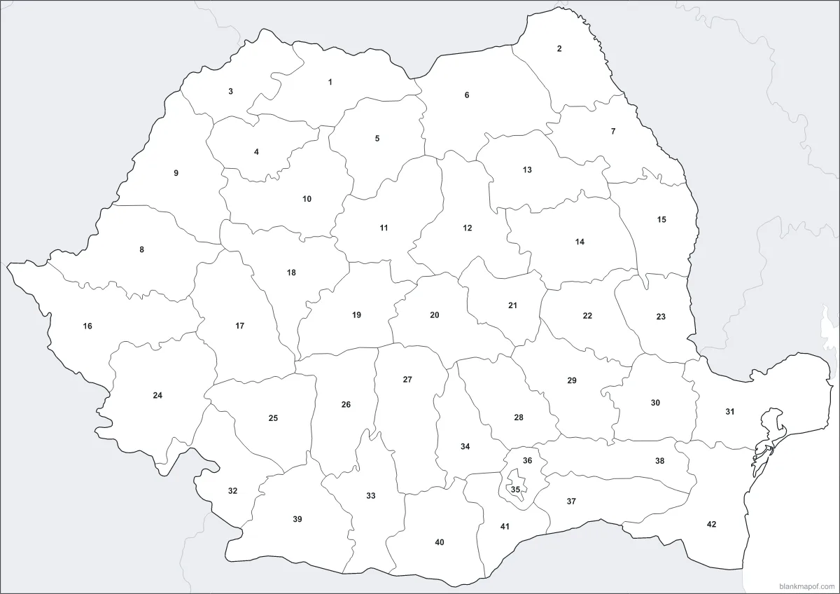 Blank map of Romania, numbered