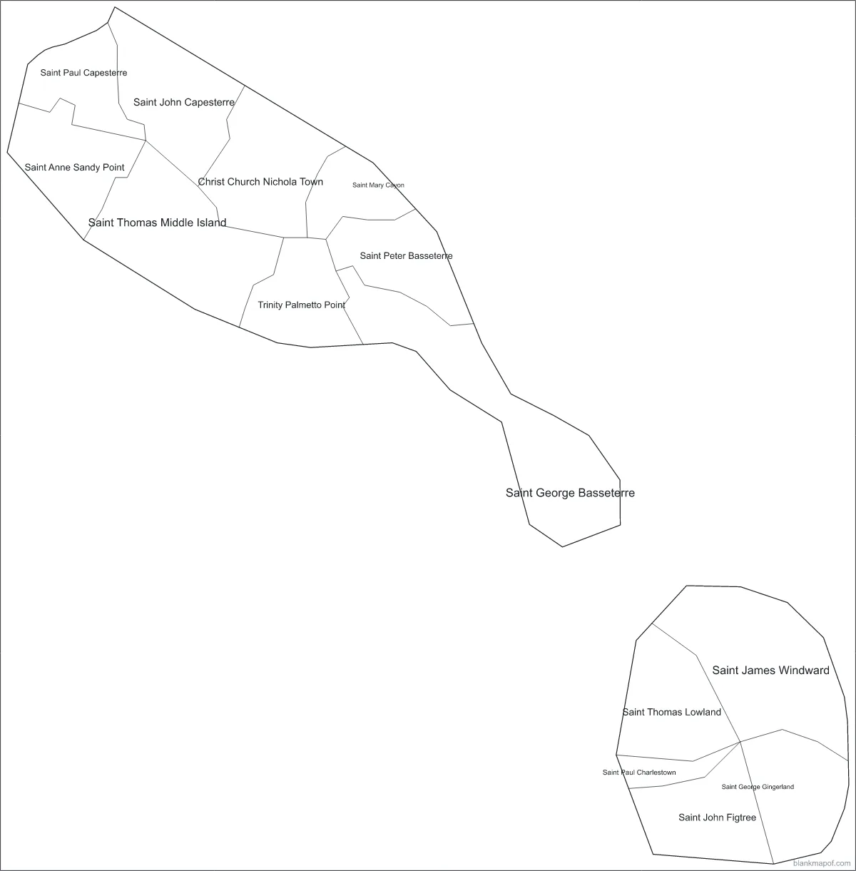 Blank map of Saint Kitts and Nevis, labeled