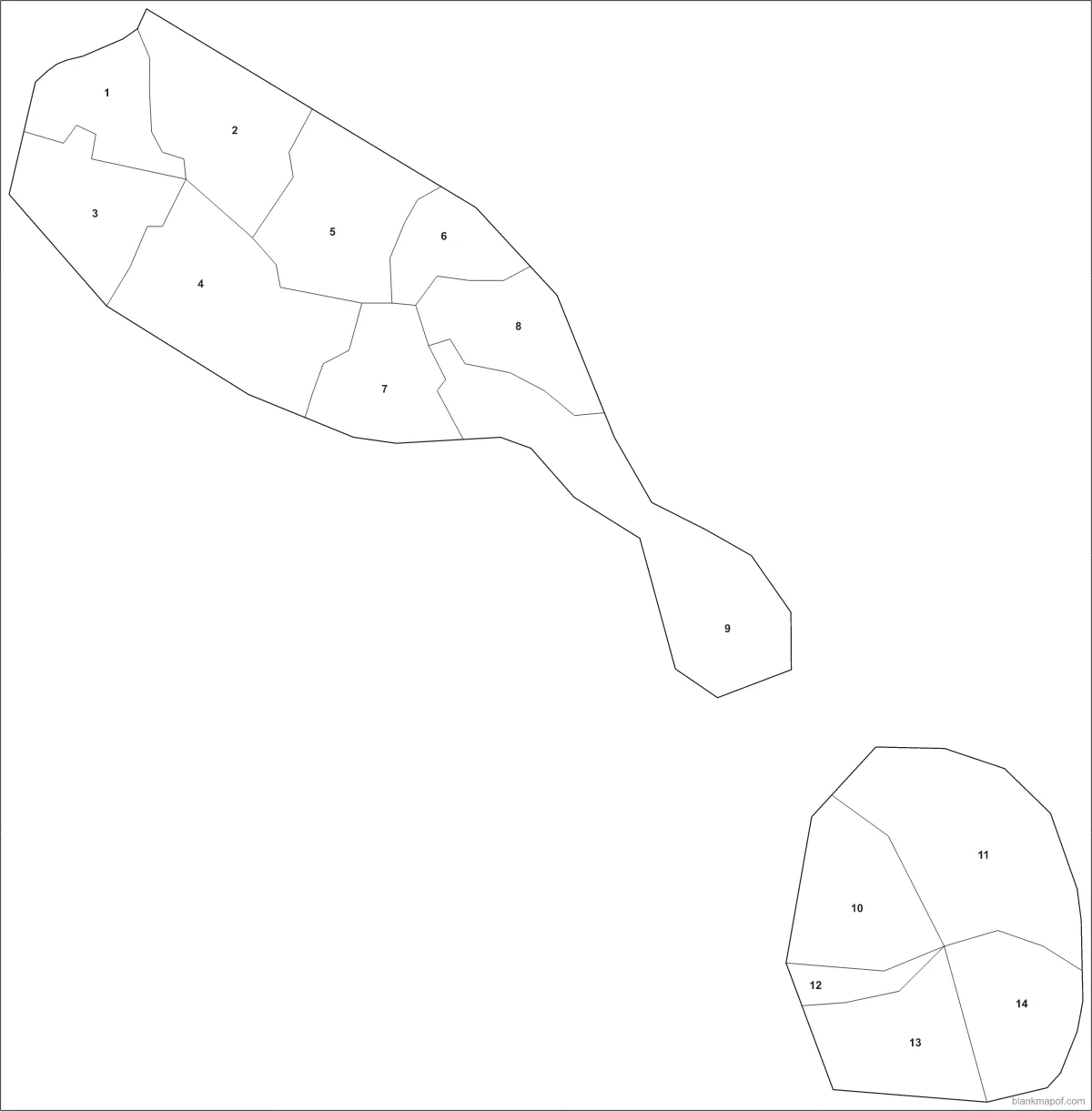 Blank map of Saint Kitts and Nevis, numbered