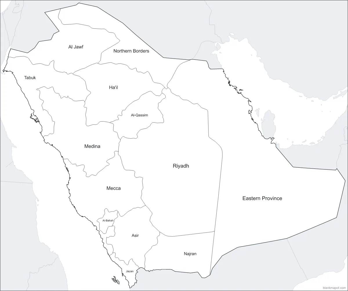 Blank map of Saudi Arabia, labeled