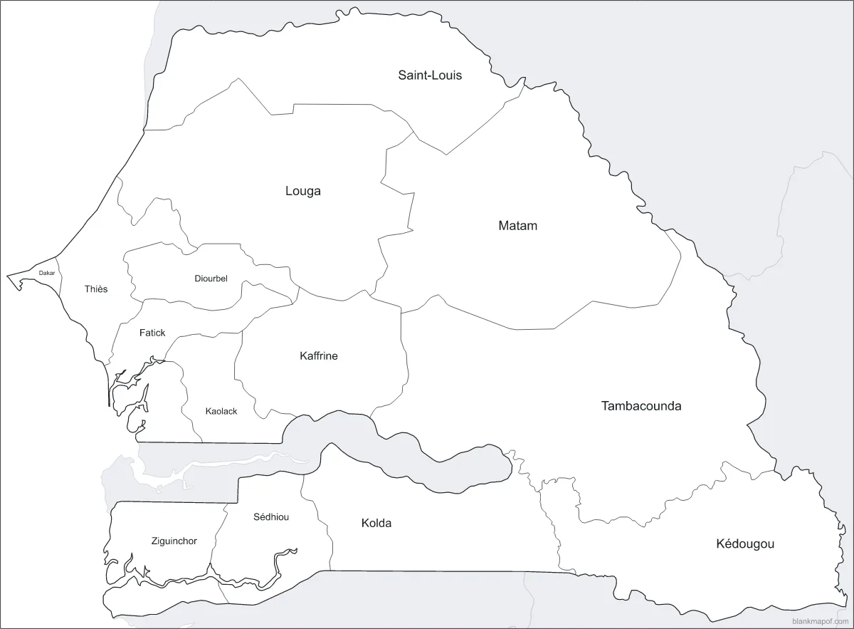 Blank map of Senegal, labeled