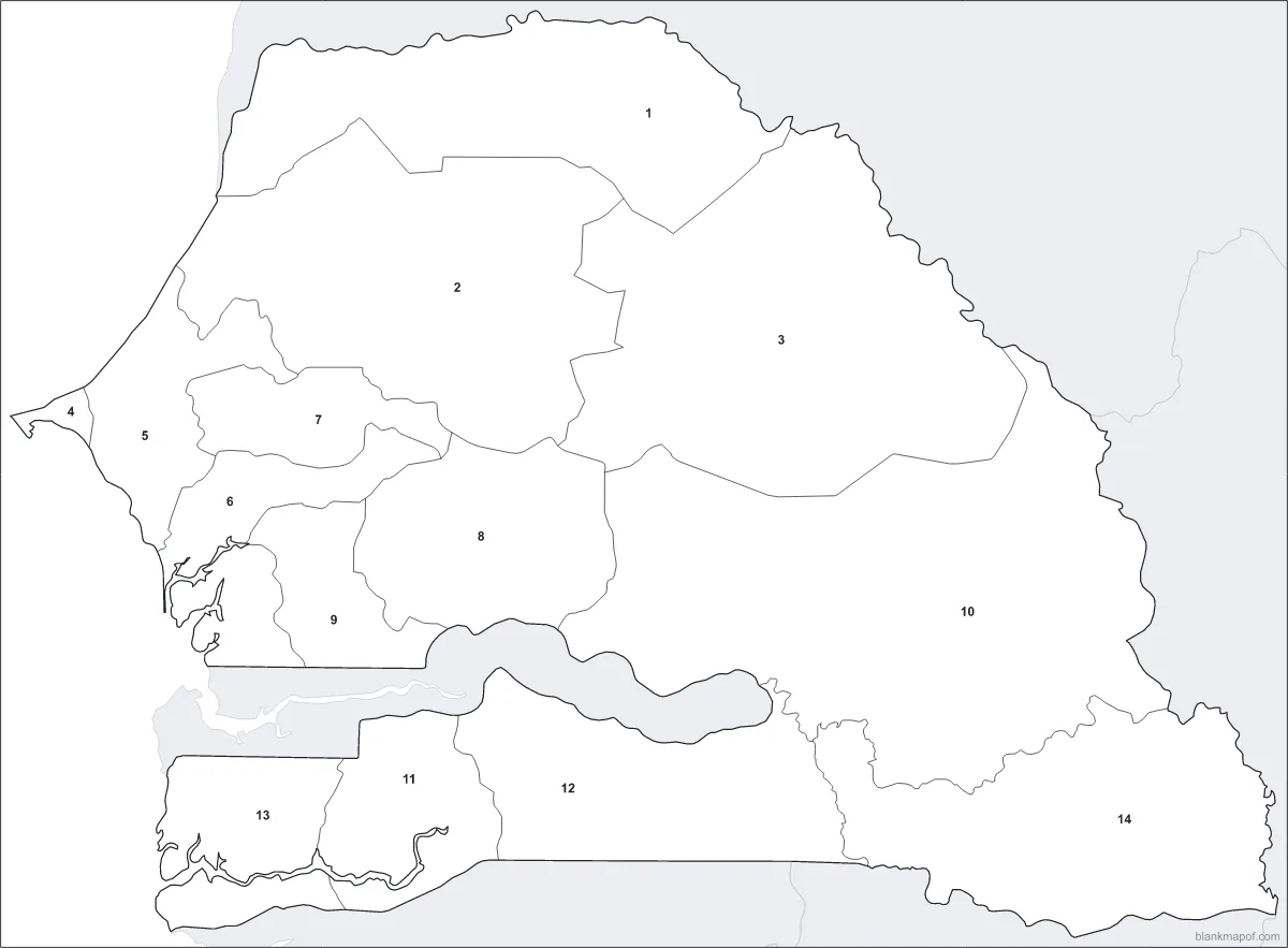 Blank map of Senegal, numbered