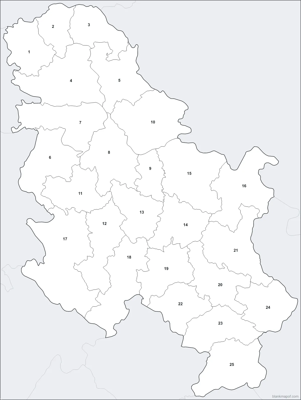 Blank map of Serbia, numbered