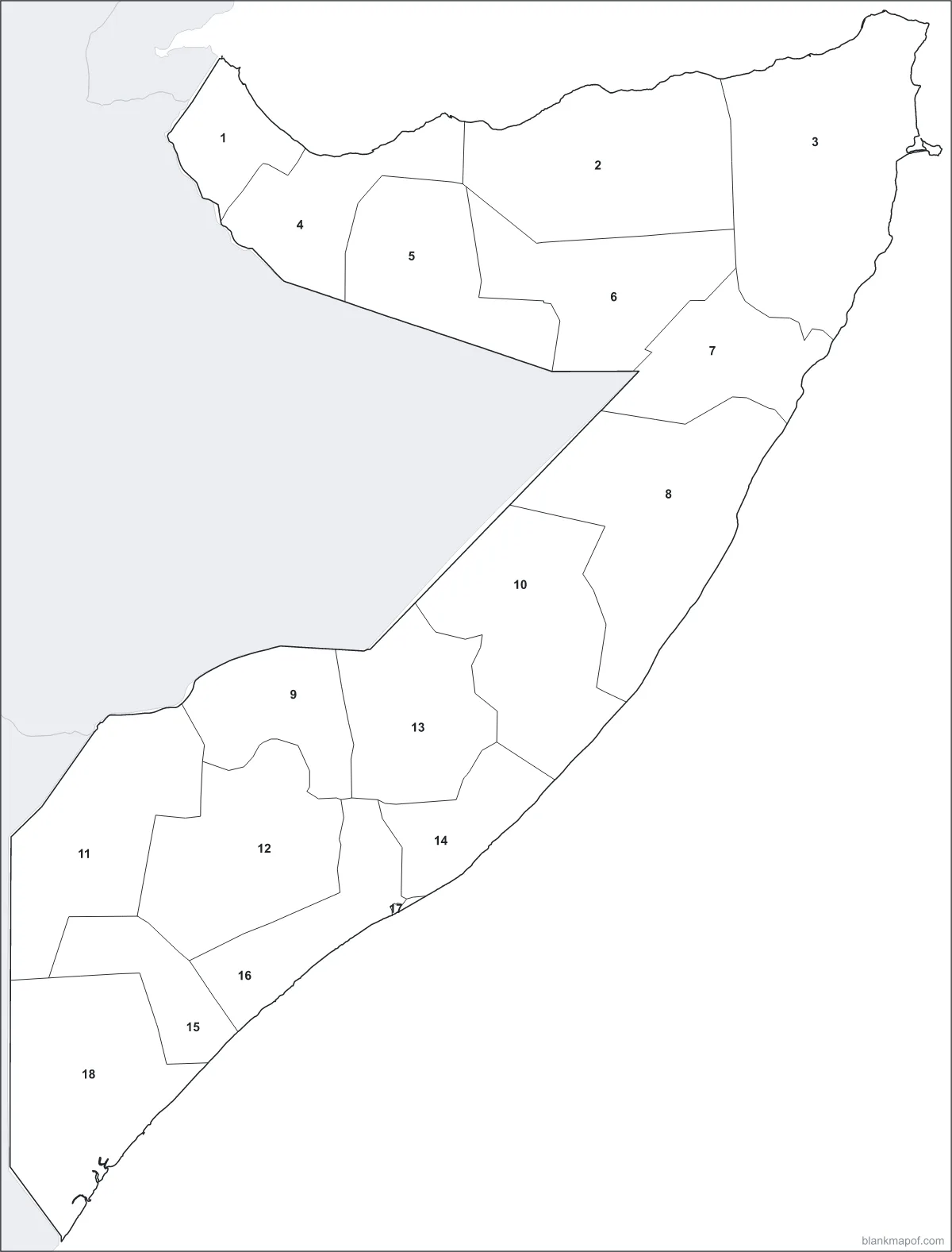 Blank map of Somalia, numbered