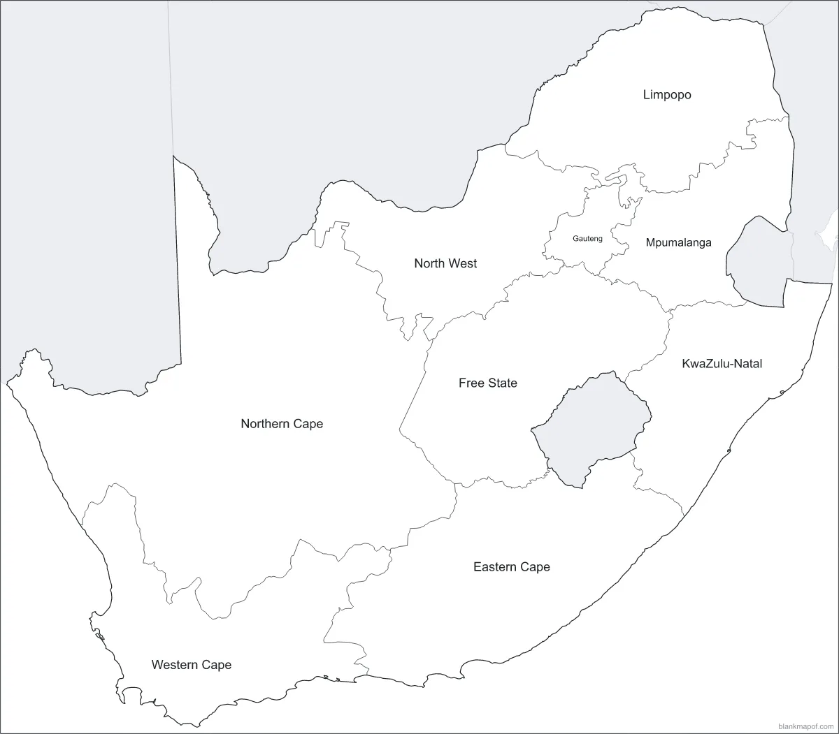 Blank map of South Africa, labeled