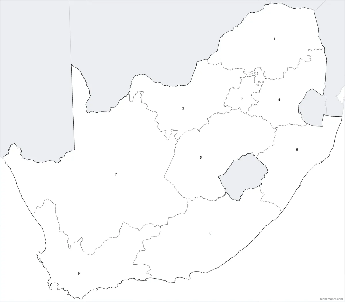 Blank map of South Africa, numbered