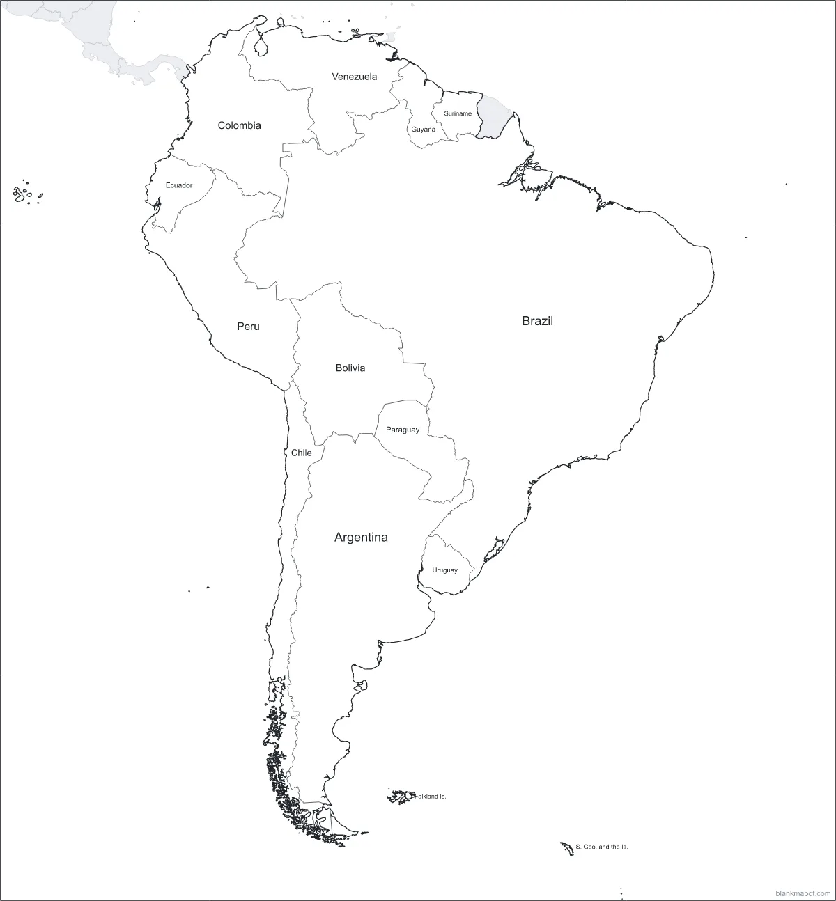 Blank map of South America, labeled