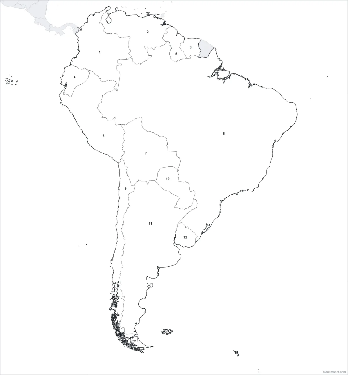 Blank map of South America, numbered
