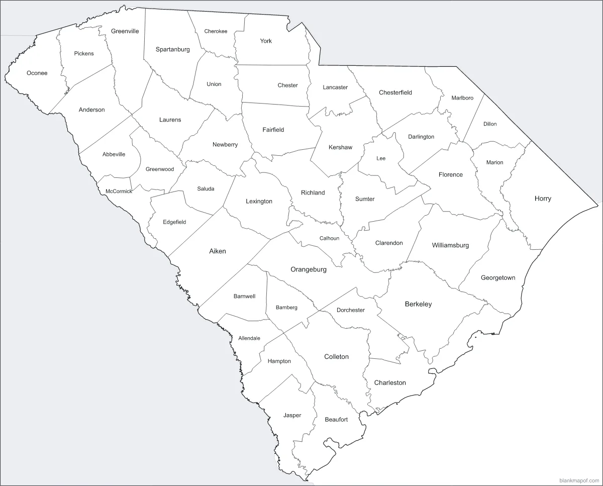 Blank map of South Carolina, labeled