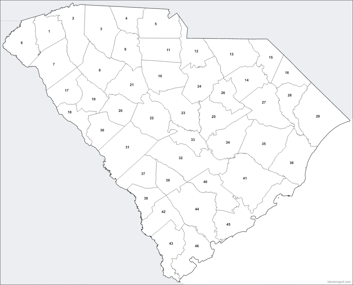 Blank map of South Carolina, numbered