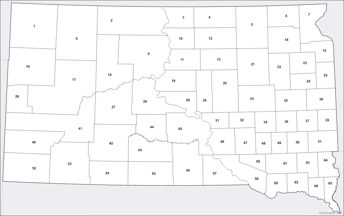 Blank map of South Dakota, numbered