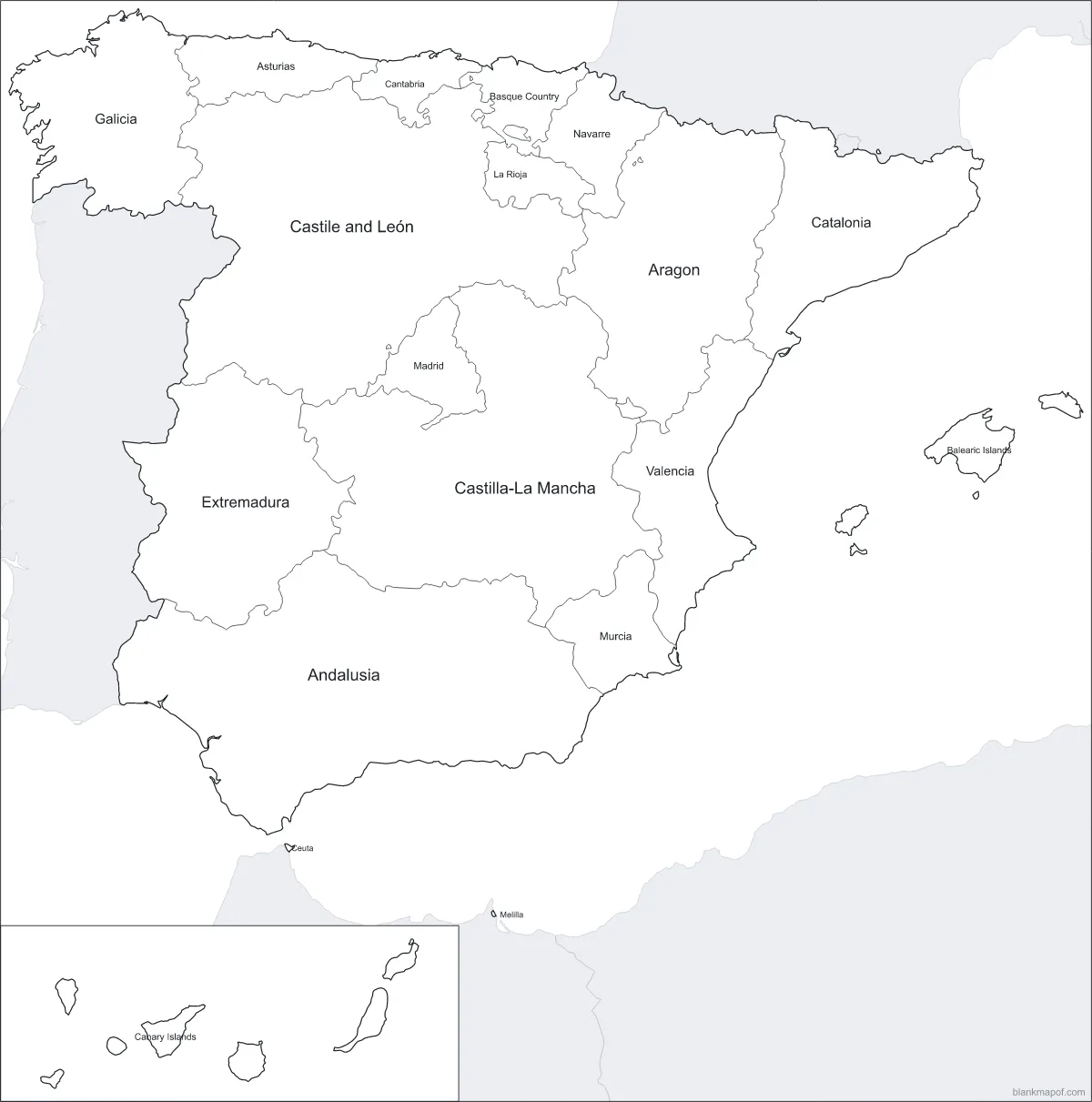 Blank map of Spain, labeled