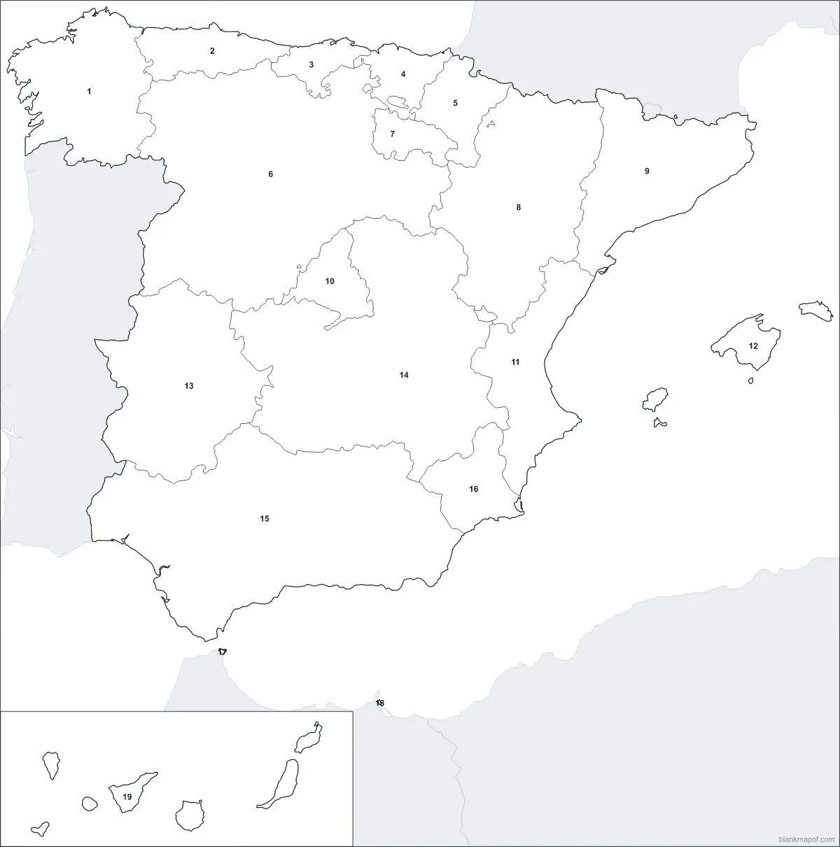 Blank map of Spain, numbered