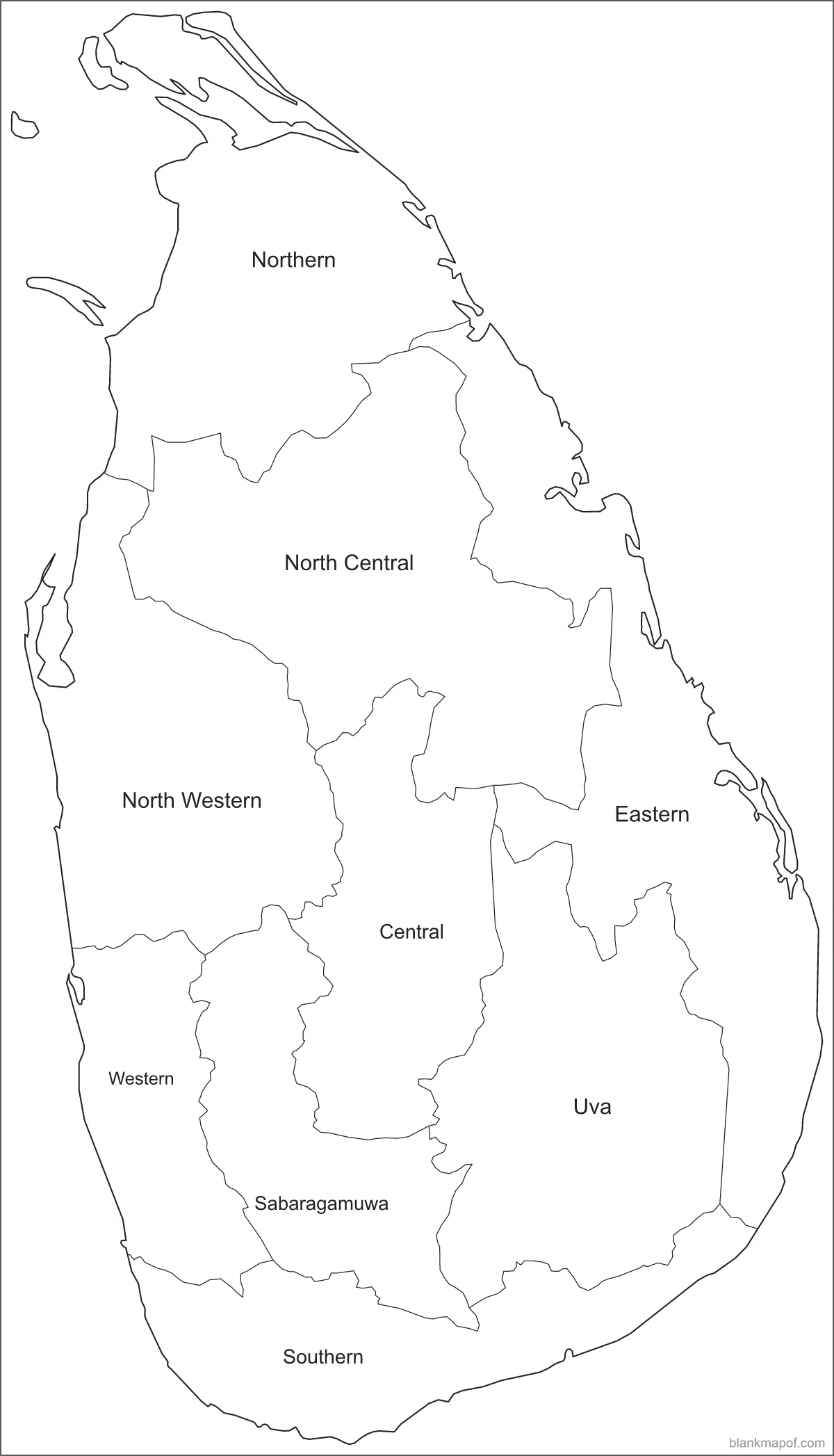 Blank map of Sri Lanka, labeled