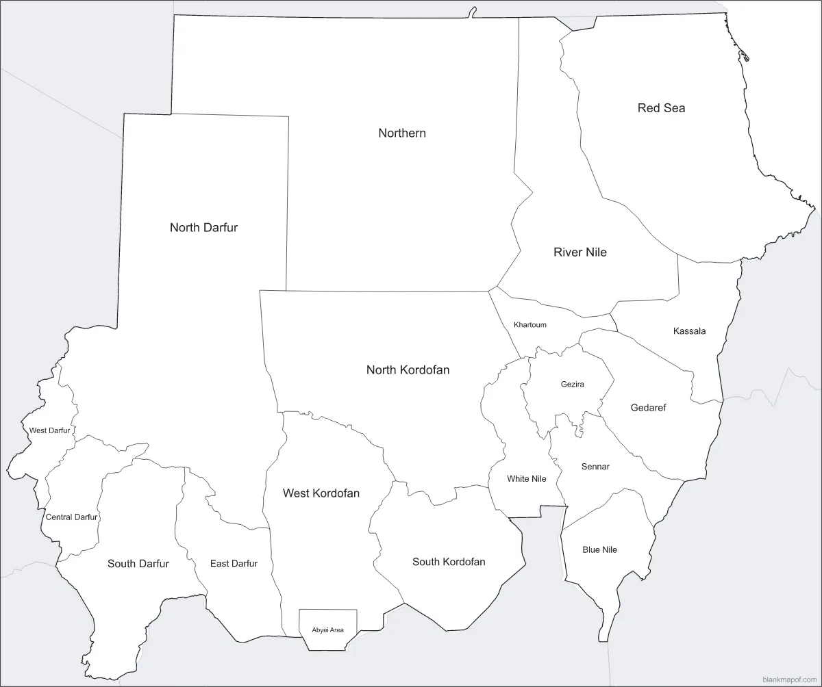 Blank map of Sudan, labeled