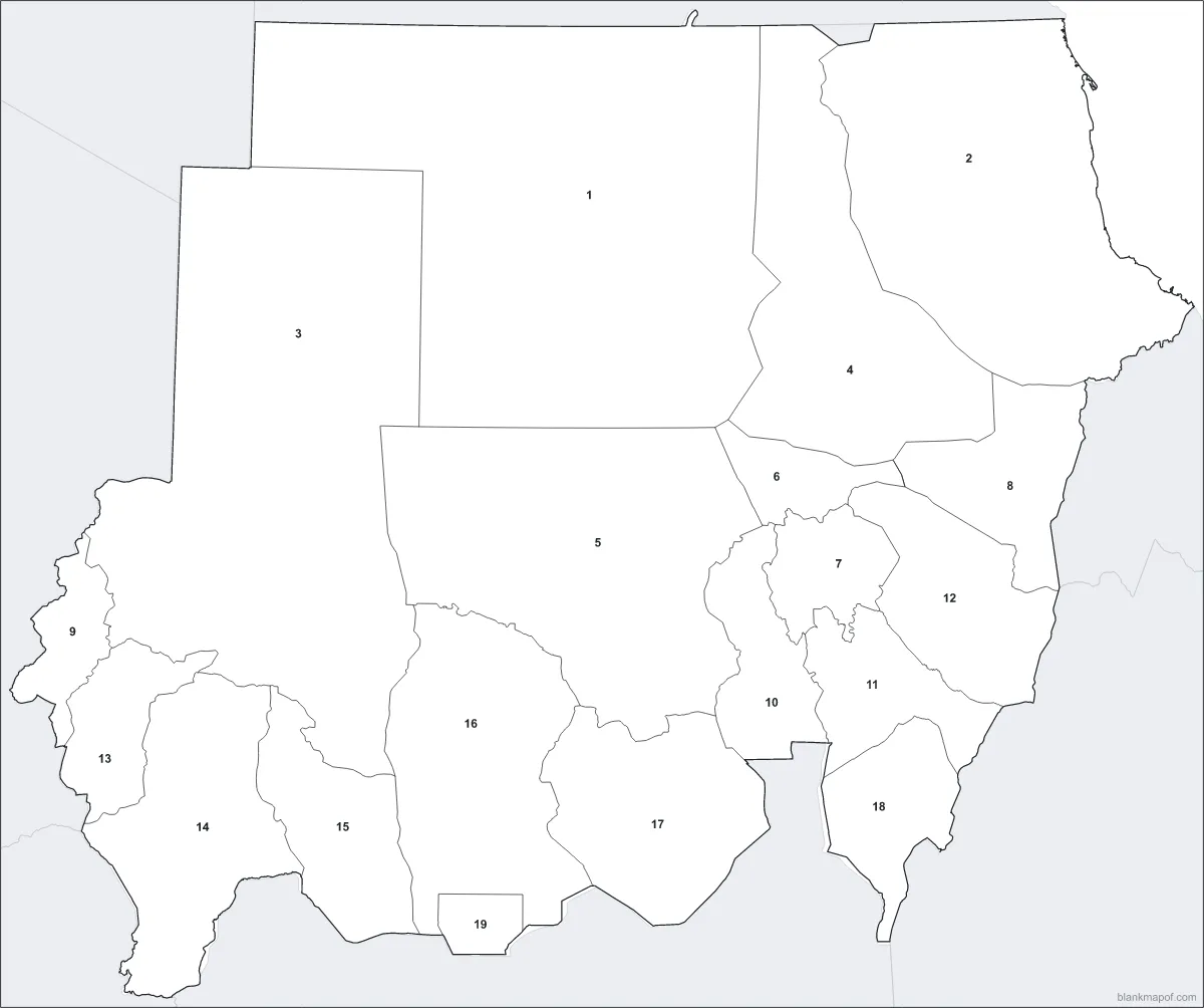 Blank map of Sudan, numbered