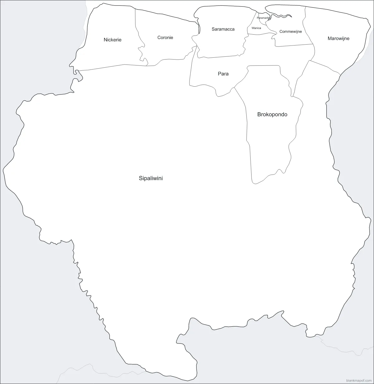 Blank map of Suriname, labeled
