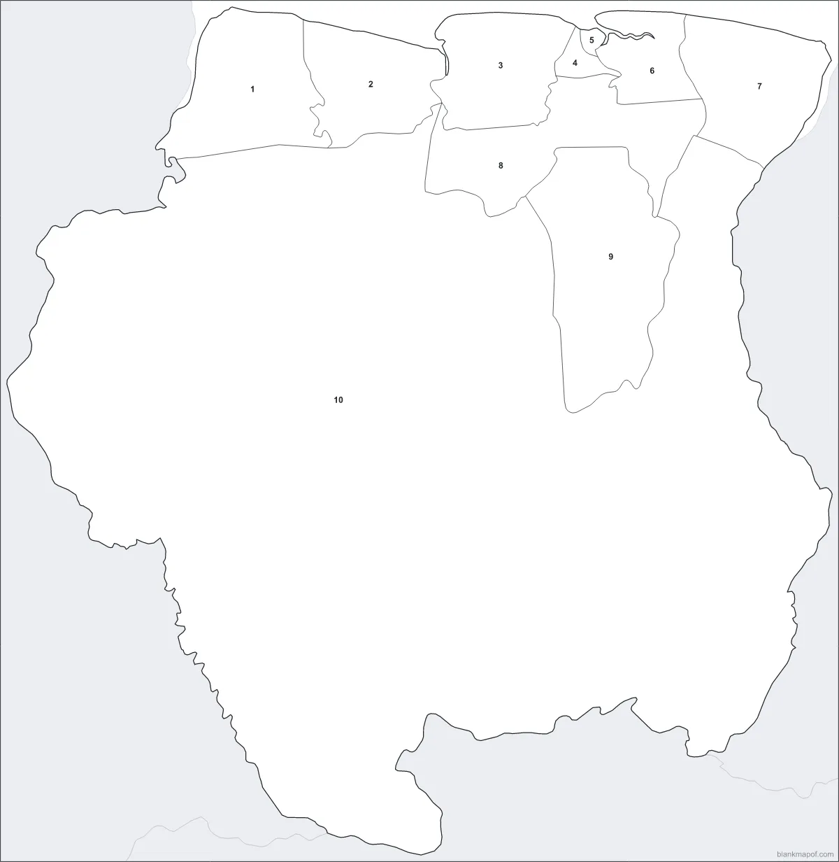 Blank map of Suriname, numbered