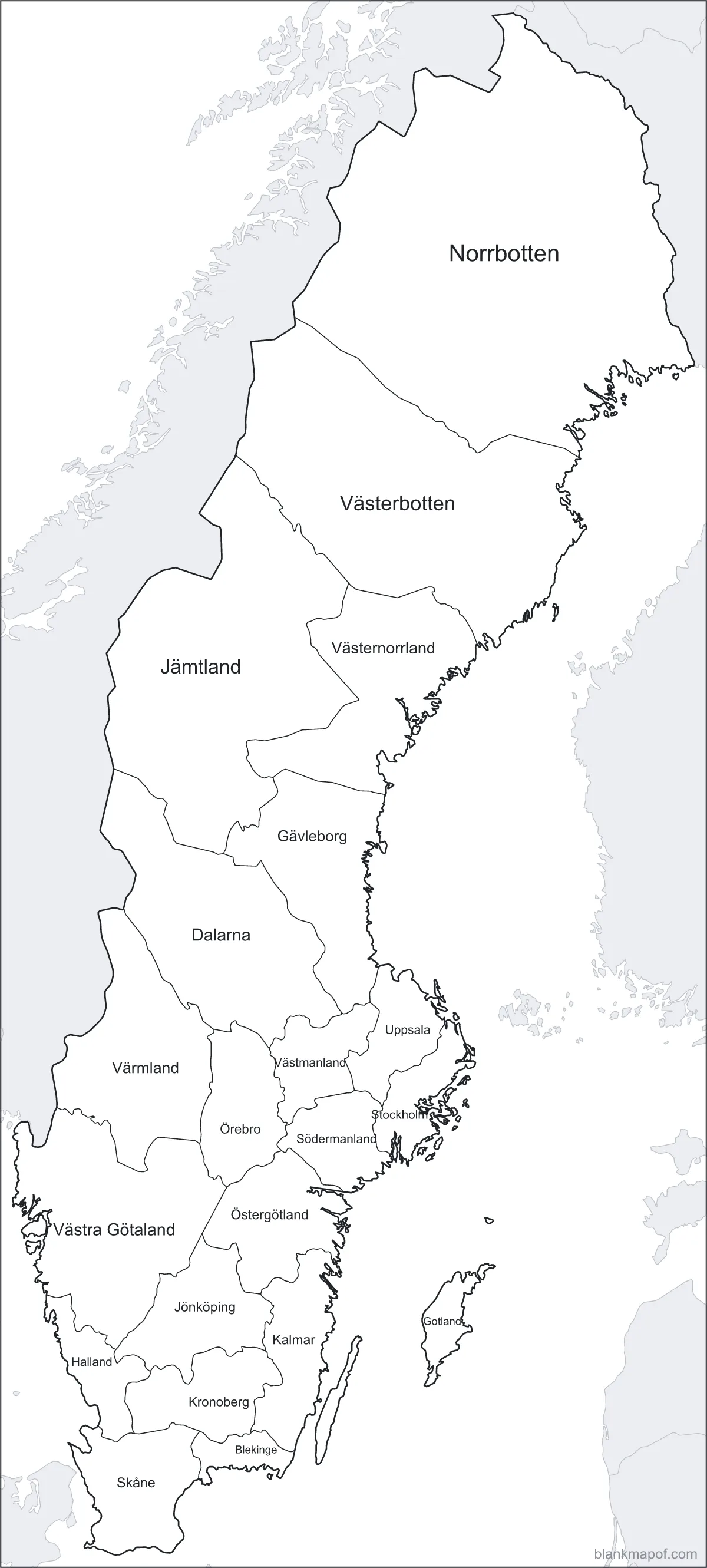 Blank map of Sweden, labeled