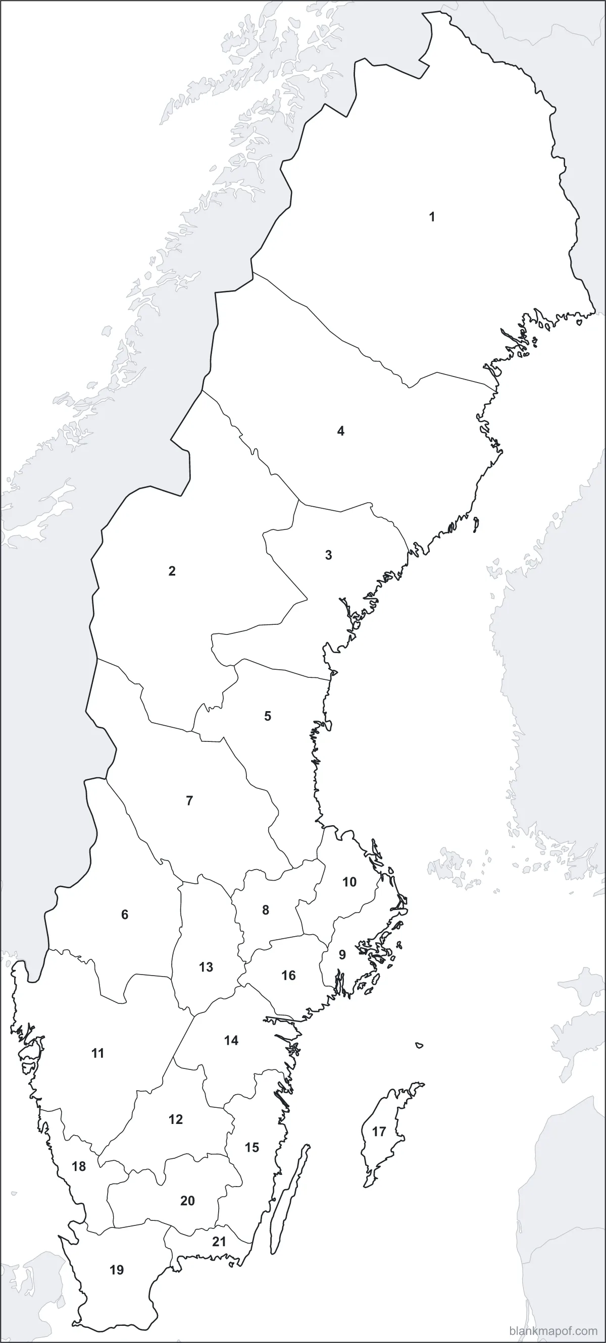 Blank map of Sweden, numbered