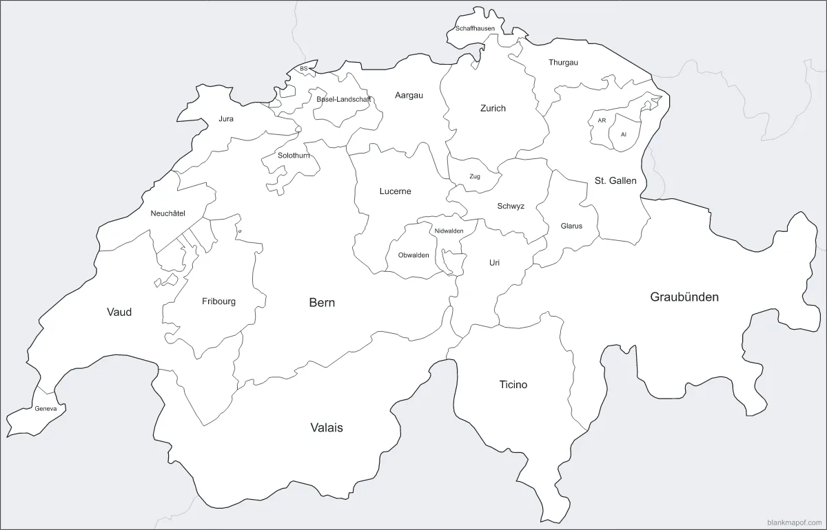 Blank map of Switzerland, labeled