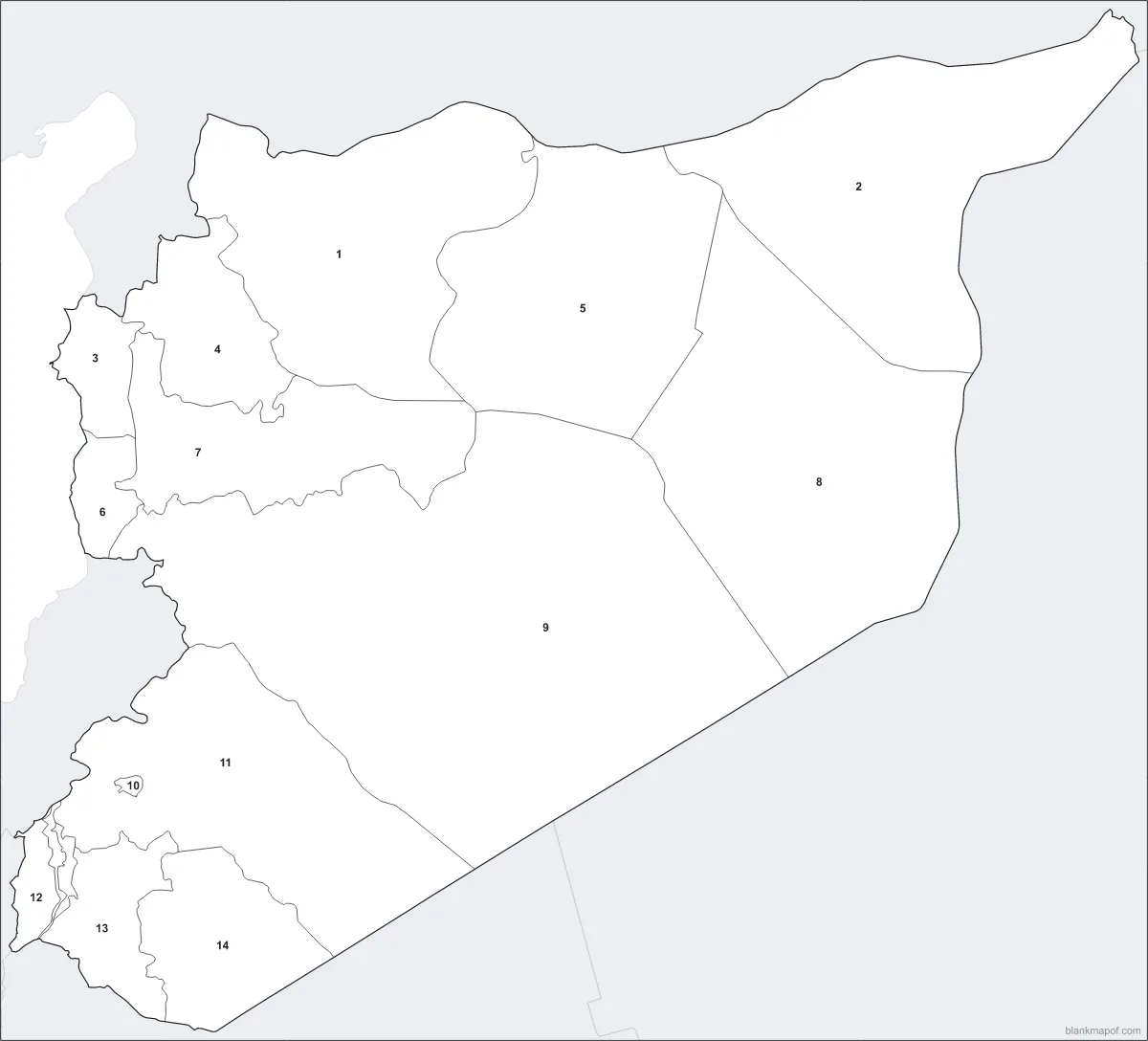 Blank map of Syria, numbered