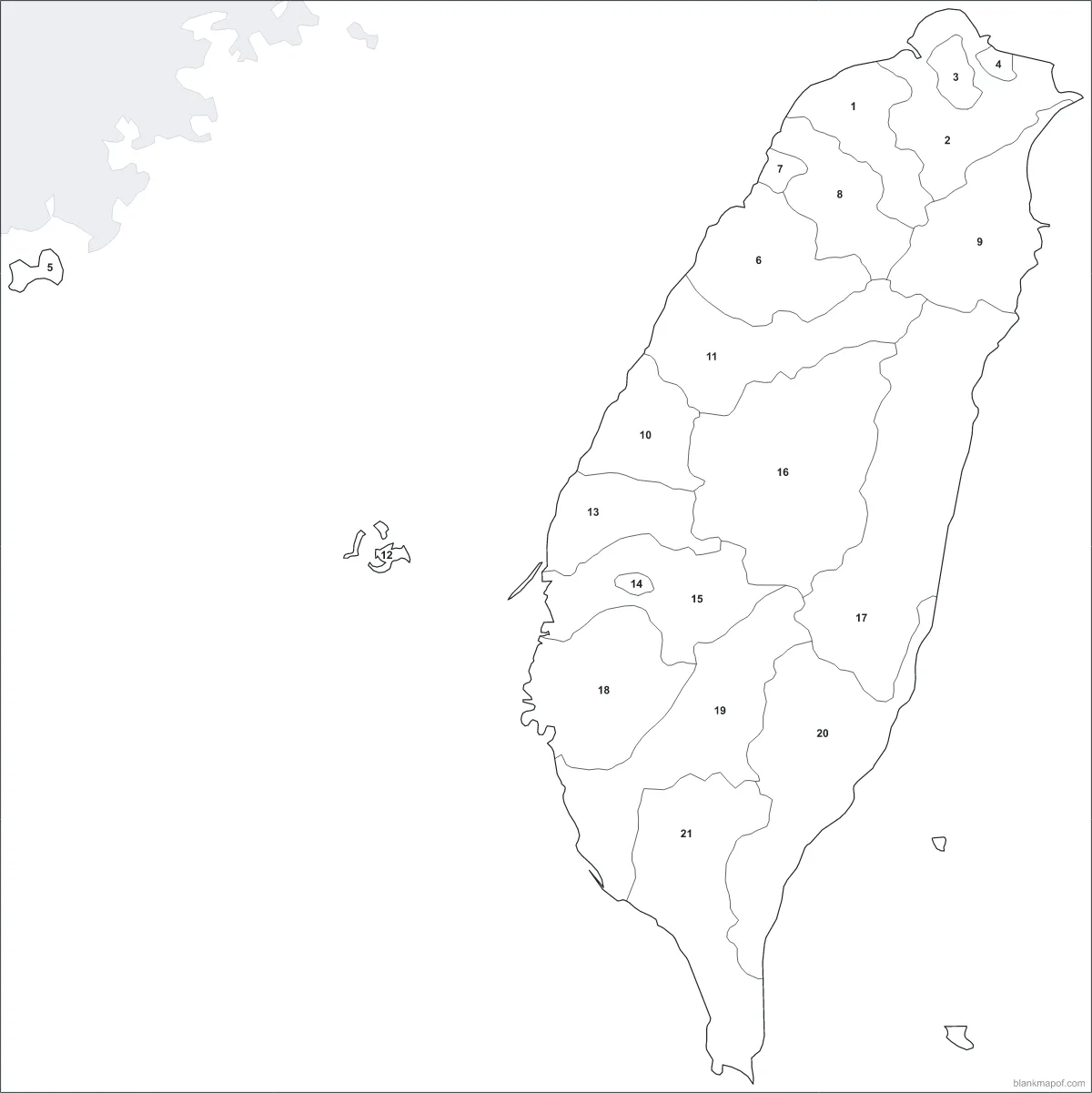 Blank map of Taiwan, numbered