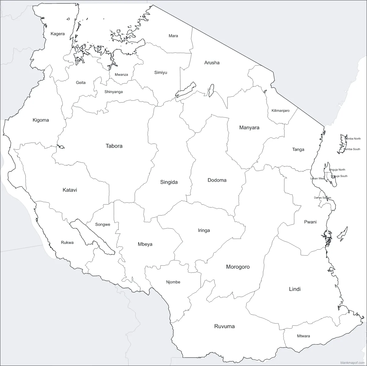 Blank map of Tanzania, labeled