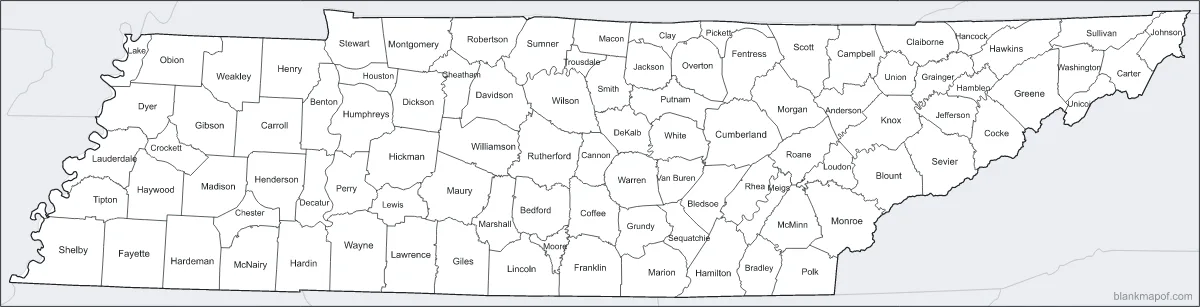 Blank map of Tennessee, labeled