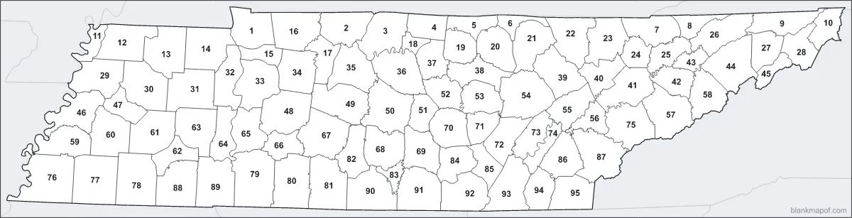 Blank map of Tennessee, numbered