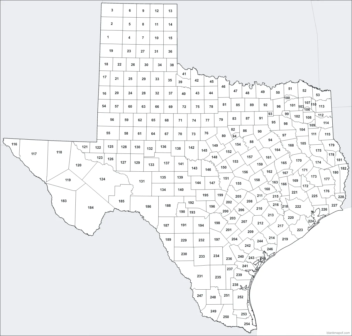 Blank map of Texas, numbered