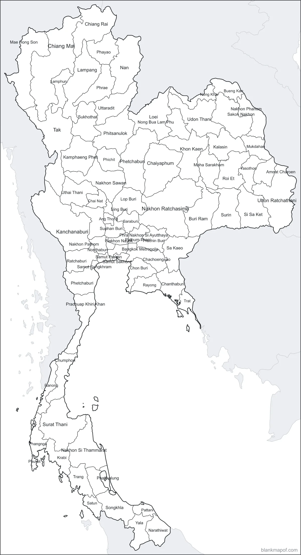 Blank map of Thailand, labeled