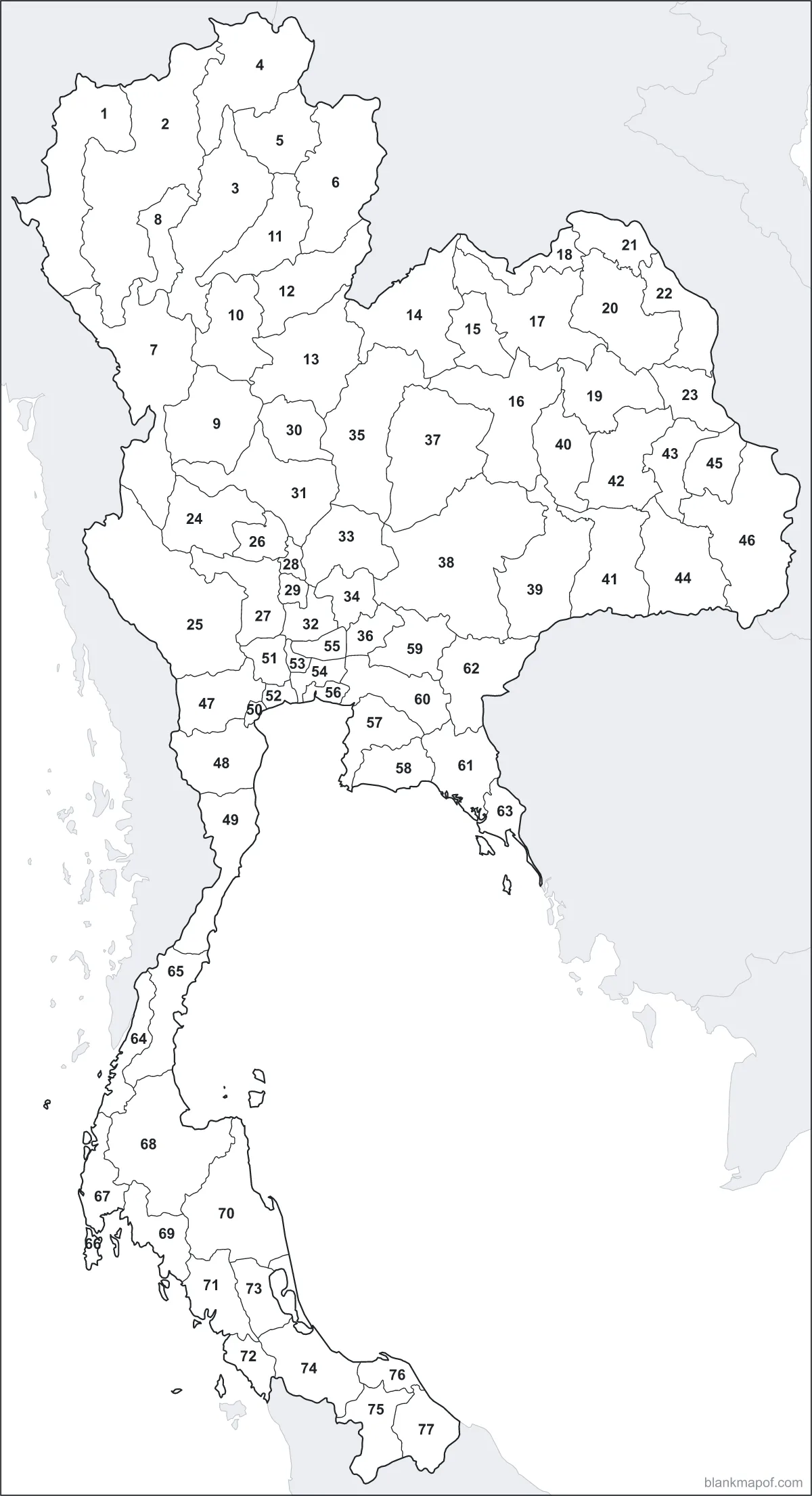 Blank map of Thailand, numbered